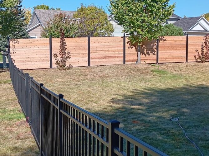 Black metal ornamental fence installed in a residential yard with a wooden privacy fence in the background.