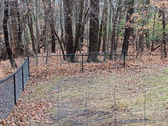 Chain link fence surrounding a large backyard with green grass, above-ground pool, and landscaping.