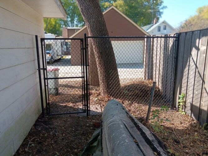 Chain link fence with gate installed in a narrow residential side yard near a house and tree.