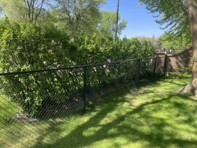 Chain link fence enclosing a large open field